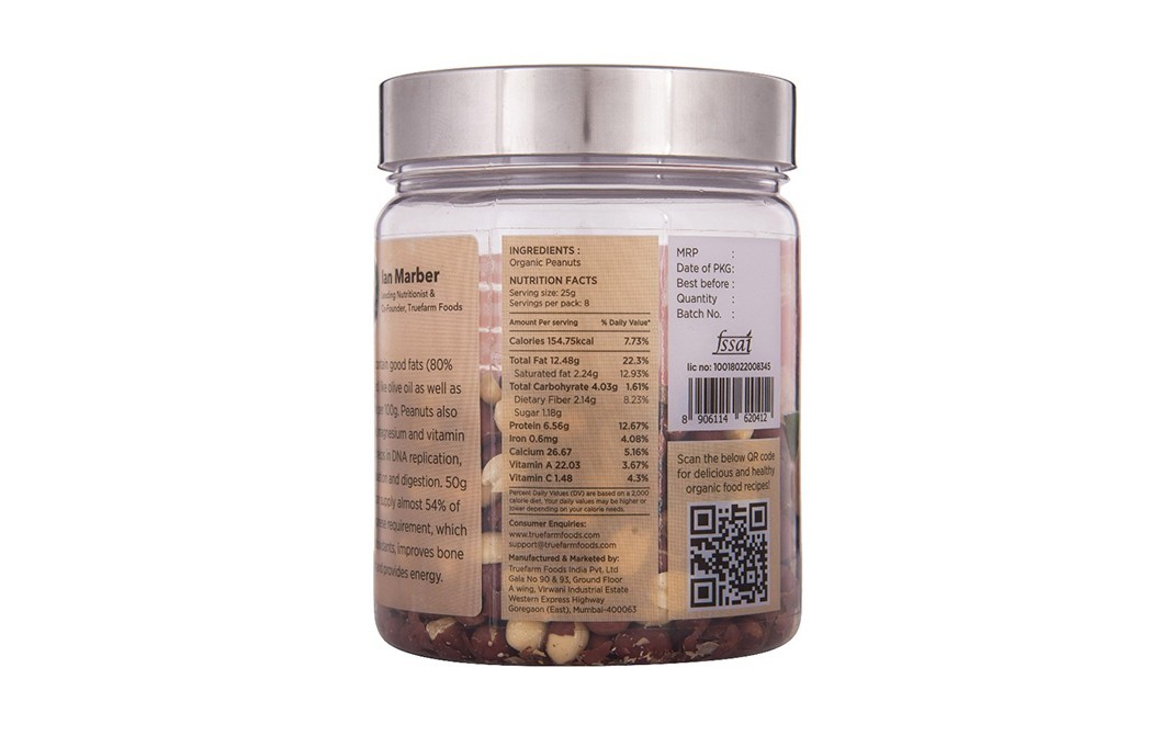 Truefarm Organic Peanuts Exotic Taste Slow Roasted   Glass Jar  250 grams